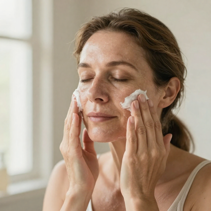 woman over 50 using cleanser woman over 50